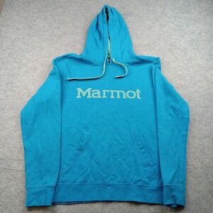 Marmot Hoodie Mens Medium Blue Logo Graphic Fleece Pullover Sweatshirt Outdoor